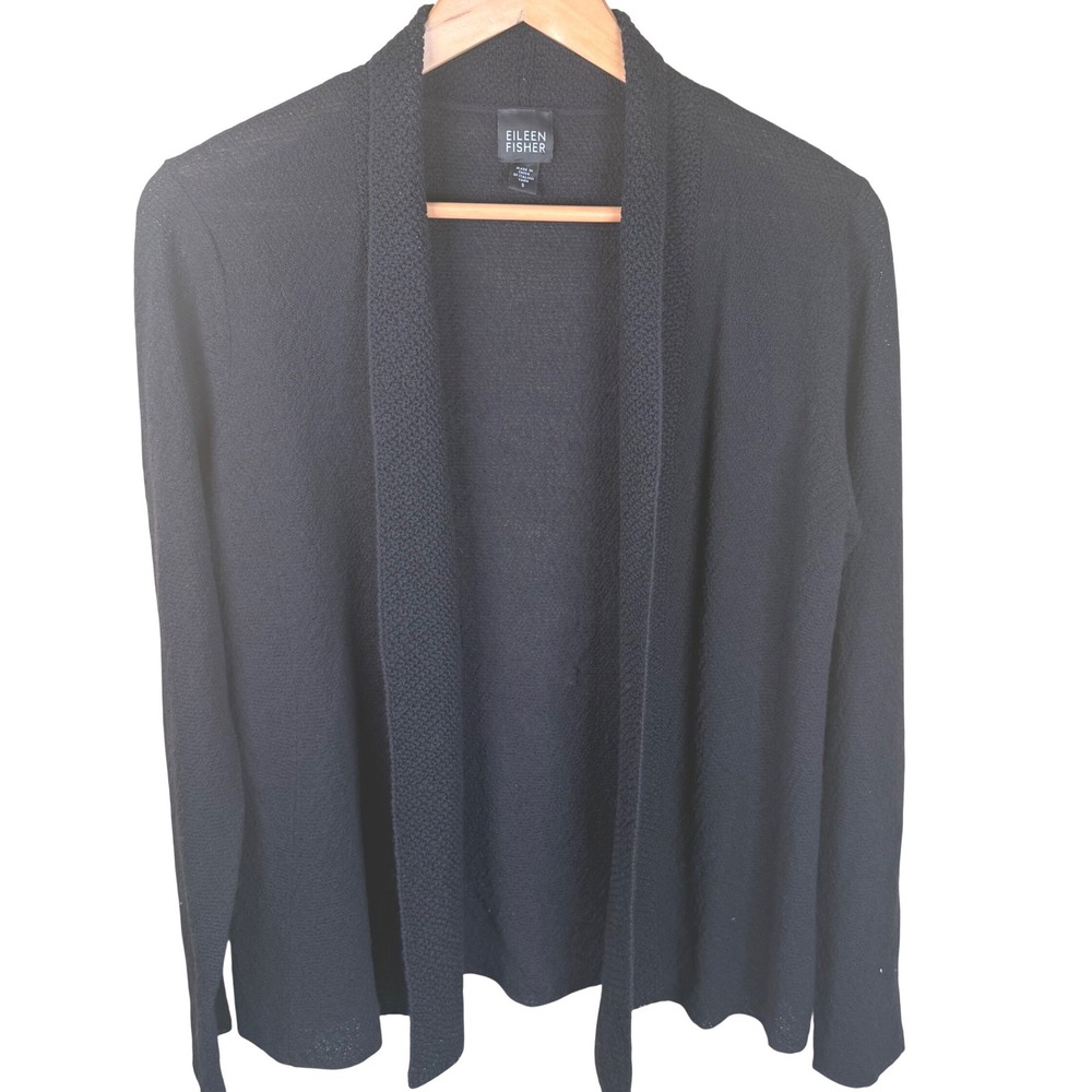 Eileen Fisher Cardigan Womens S Black 100% Wool Italian Yarn Old Money Career